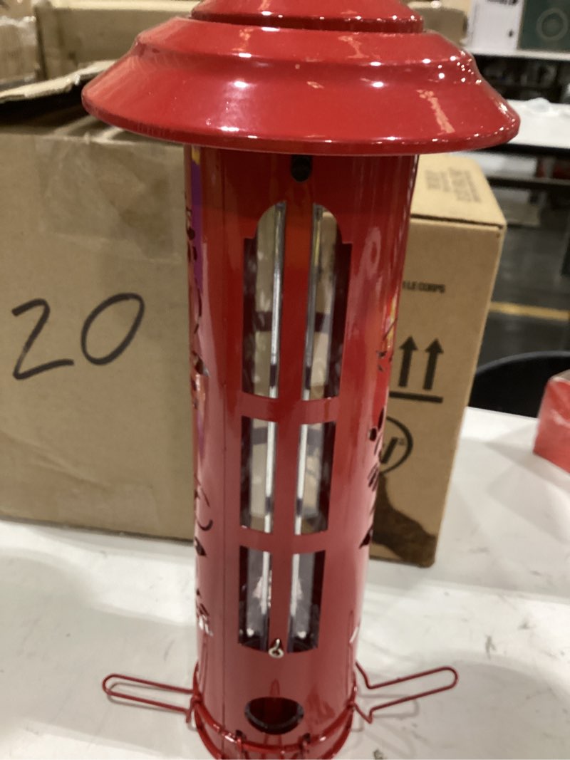 Condition photo showing Good Condition for Veehoo Squirrel Proof Bird Feeder for Outdoors, Hanging Wild Bird Feeder Anti Squirrel with Weight-Activated Perches, Metal Cardinal Finch Feeder Outside Decorative for Thistle and Mixed Seed, Red 5.9"L x 5.9"W x14.2"H Red