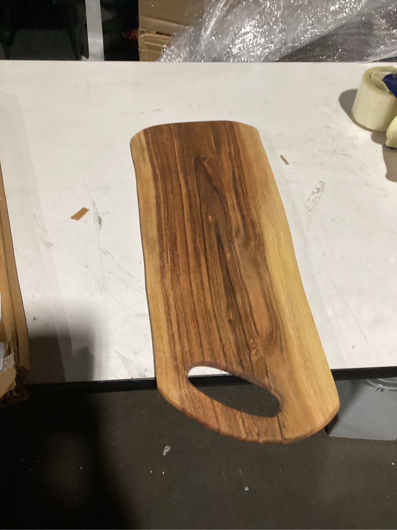 Condition photo showing Good Condition for Acacia Charcuterie Board with Natural Live Edge & Round Handle - Wood Cheese Board - Decorative Wooden Serving & Cutting Board - Housewarming, Mothers Day, New Home & Wedding Gifts (XL - 24” x 10”) 24"L x 10"W
