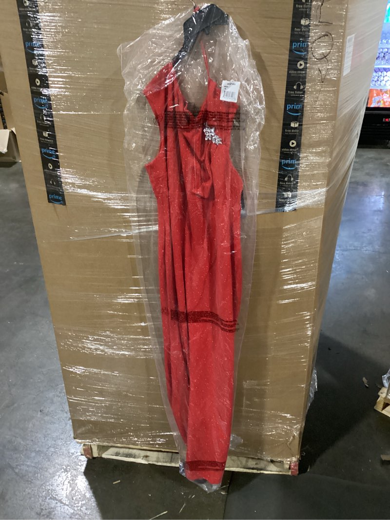 Condition photo showing Good Condition for sparkly red formal dress with a brooch accent.