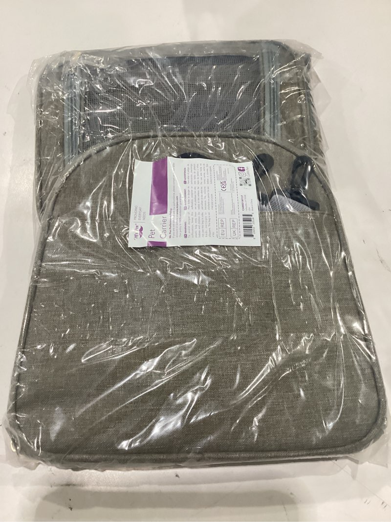 Condition photo showing New/Like New for mr. pen- pet carrier, 17.5" x 11.2" x 11.5", medium size, gray, portable travel carrier for small pets, cats & small dogs, breathable mesh, safety inner leash, side pocket & padded shoulder strap grey