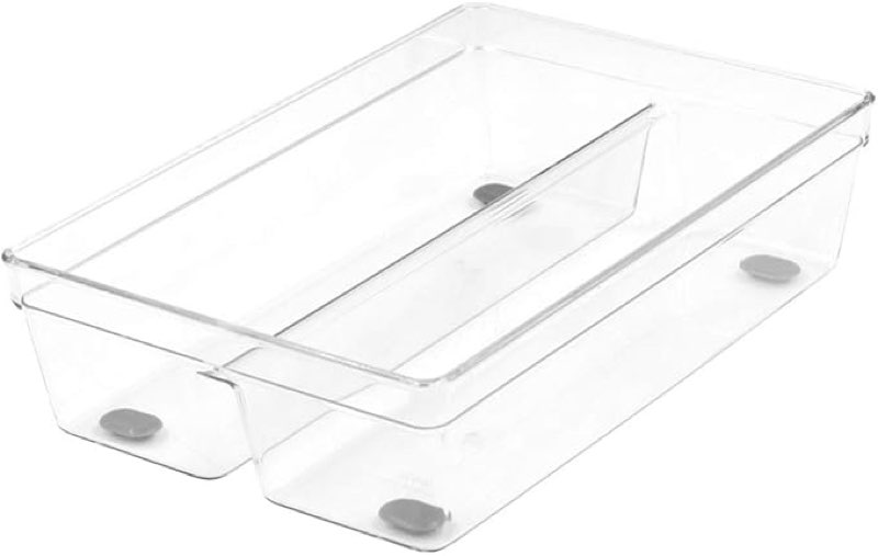 Condition photo showing New/Like New for Glad Plastic Drawer Storage Tray – Heavy Duty Organizer Bin for Home, Kitchen, Bath, Bedroom, Office | Non-Slip Feet, 2-Compartment, Clear