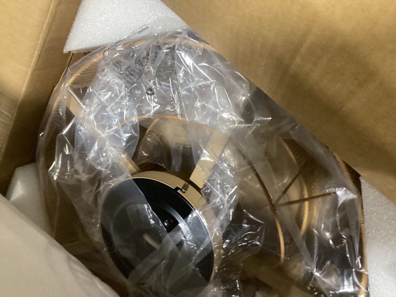 Condition photo showing As Is for 20 Inch Boho Caged Ceiling Fans with Lights Flush Mount, Layered Rattan Ceiling Fan with Light Remote Control with Reversible 6 Speeds for Bedroom, Nursery, Living Room, E12 Base, Indoor Gold 20" Layered Rattan Boho Caged Ceiling Fan with Lights