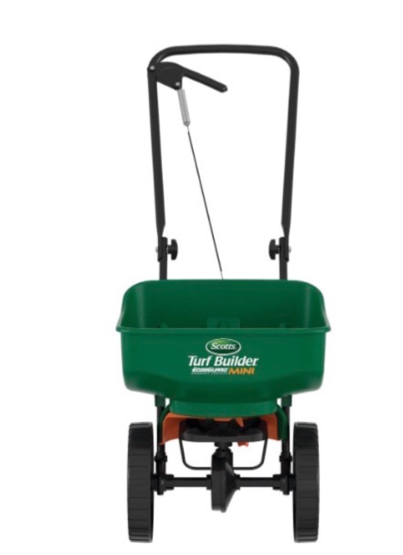 scotts turf builder edgeguard mini broadcast spreader - spreads grass seed, fertilizer and salt - holds up to 5,000 sq. ft. of scotts grass seed or fertilizer products
