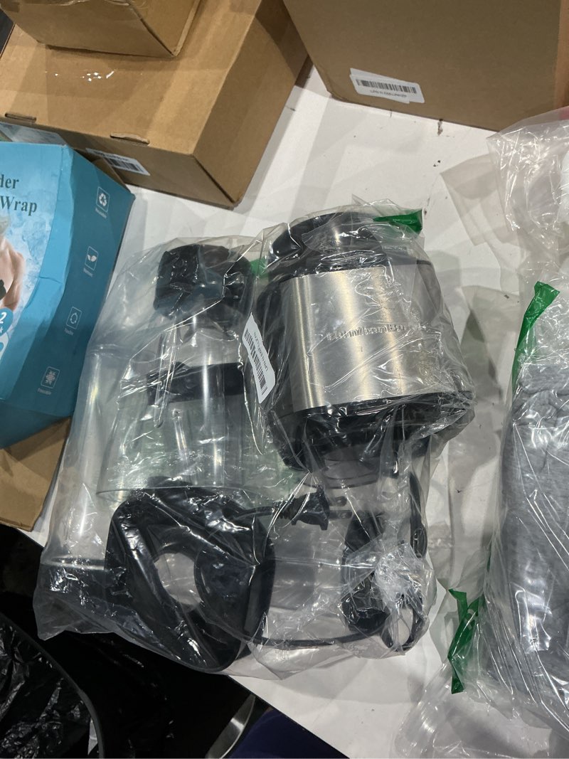 Condition photo showing As Is for hamilton beach multiblend smoothie blender with 4 shatterproof bpa free jars and lids; large 32oz jar, 8oz grinder for nuts & spices, and 2 portable travel cups, 650 watts, black and stainless (52400)