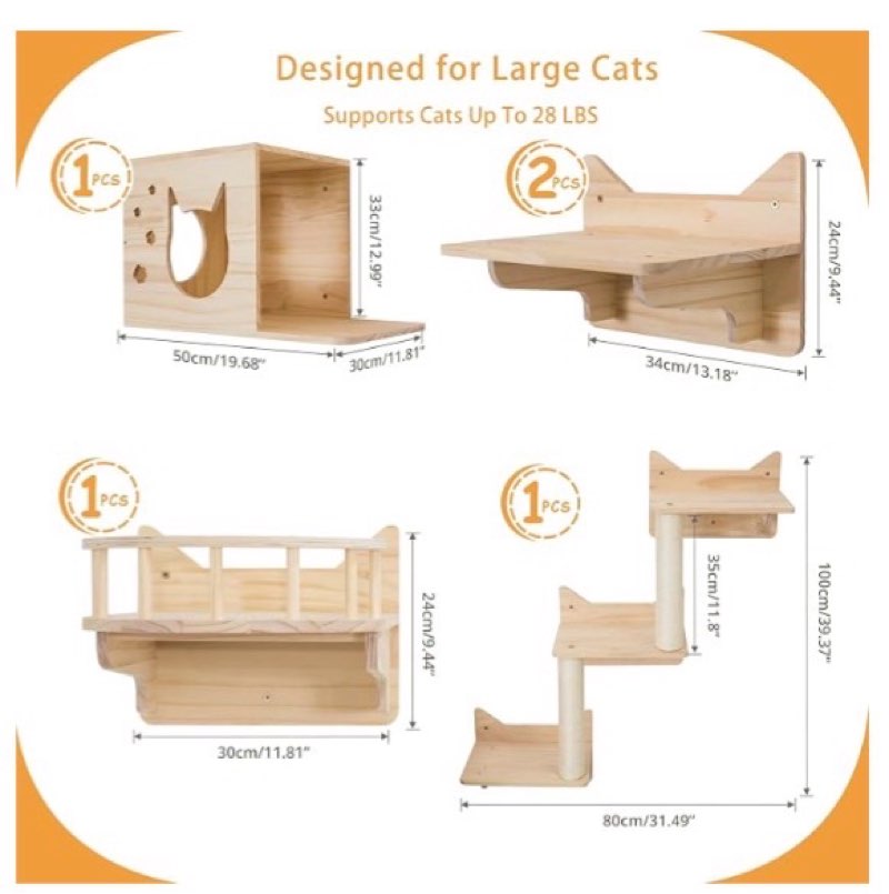 cat wall shelves for large cats, 9pcs solid pine cat wall furniture set with house, ladder steps & sisal scratching posts, sturdy mounted climbing shelves for indoor cats