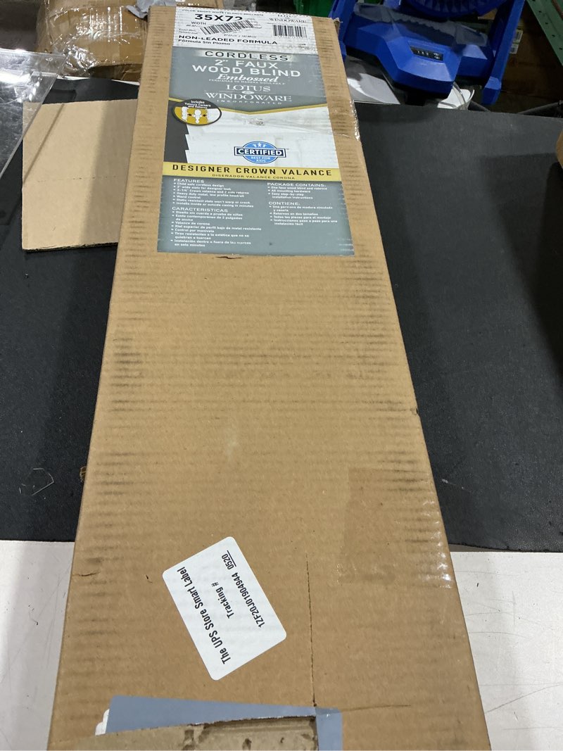 Condition photo showing Good Condition for lotus & windoware cordless, 2 inch faux wood blind, 35" wide x 72" long, window blinds, blinds & shades, blinds for indoor windows, embossed, bright white