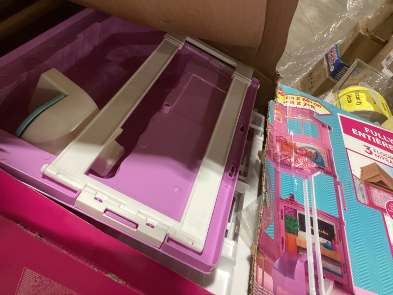Condition photo showing As Is for Barbie 3-Story Townhouse Dollhouse with Elevator, Swing Chair, Furniture and Accessories, Fold for Portability and Travel (Amazon Exclusive)
