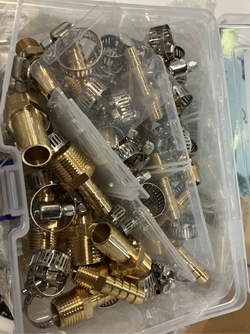 Condition photo showing New/Like New for 48pcs brass hose barb fittings,barb splicer mender 3/16" 1/4" 5/16" 3/8" 1/2" 5/8" and male thread adapter 3/8" barbed to 1/4" npt, 1/4" barbed to 1/4" npt male with 96pcs pipe hose clamps 48pcs barb splicer & barb adapter