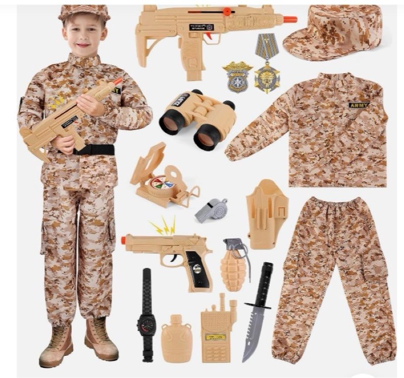deAO Army Soldier Dress Up for Kid Military Costume Set Role Play with Helmet Accessories Solider Bo