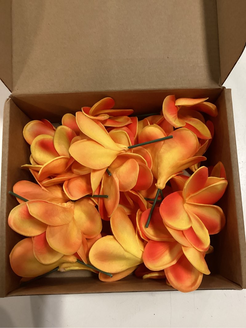 Condition photo showing As Is for tigeen 30 pcs hawaiian plumeria frangipani pu artificial flowers tropical flowers with stems for diy real to touch birthday gifts wedding home hawaiian party decor table centerpiece (orange) orange 30