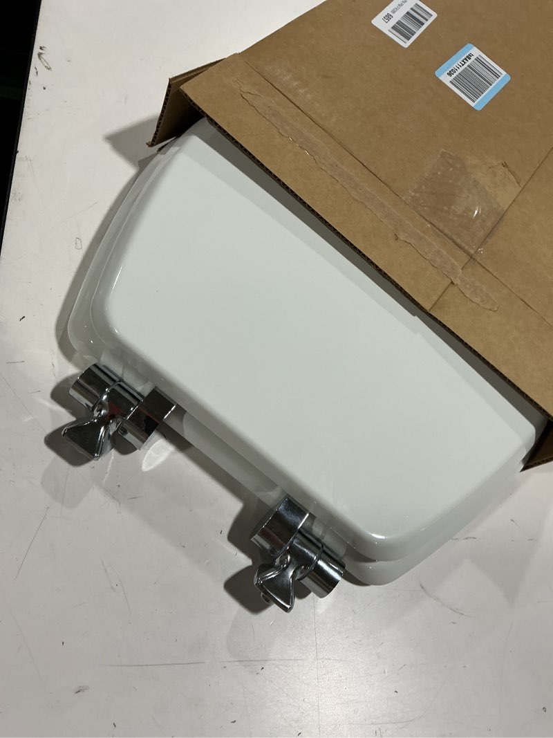 Condition photo showing As Is for Mayfair Bennett Toilet Seat with Chrome Hinges, Slow Close Wood Seat, Secure Metal Hinges, Easy Install, Made in USA, Round, White Round Chrome