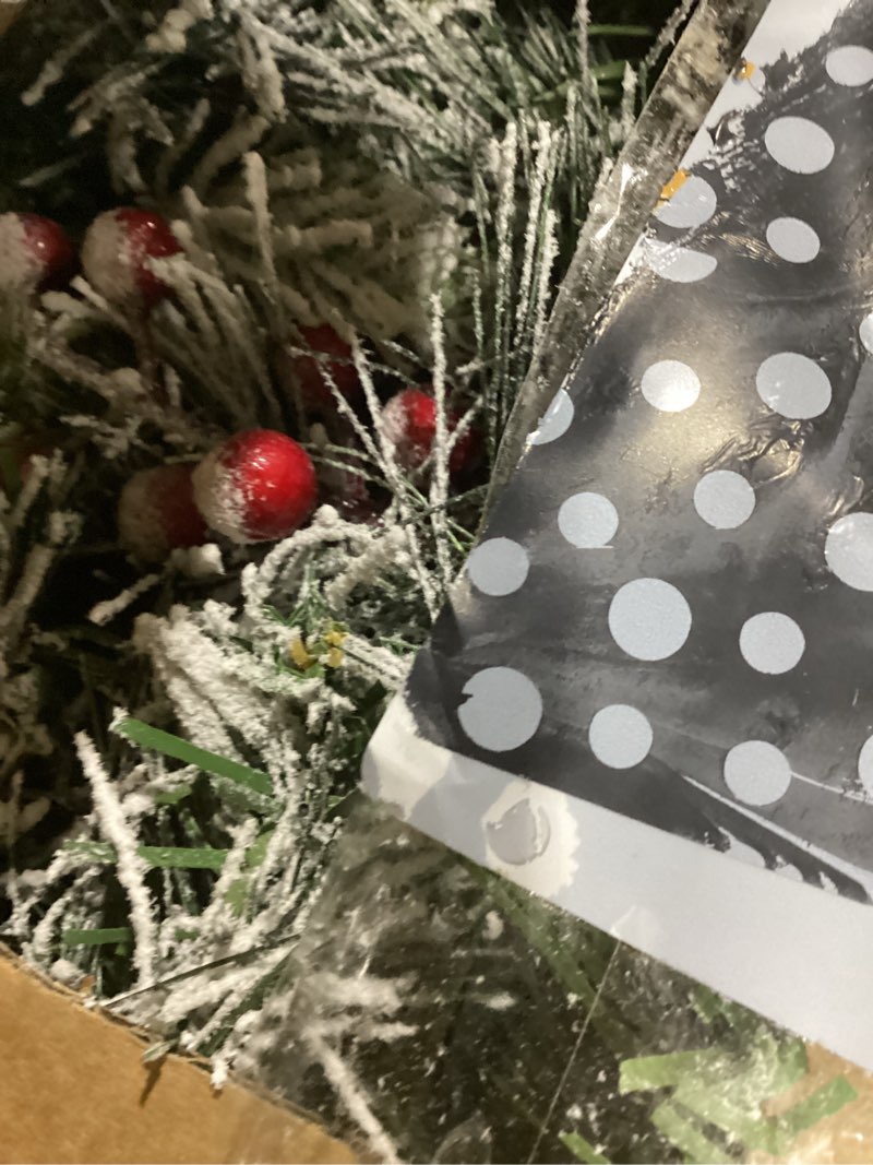 Condition photo showing Good Condition for Christmas Garland Flocked 9ft with 50 Lights, Christmas Decor with Pine Cone Red Balls & Berries 50 Light Timer for Mantle Staircase Indoor and Outdoor Battery-Powered