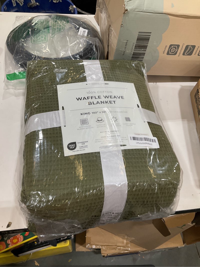 Condition photo showing New/Like New for great bay home 100% cotton blanket for king size bed | lightweight and breathable waffle weave blankets for summer & spring | versatile, layering dark green bed blanket, olive, 102x90 inches king (102" x 90") lightweight- olive green