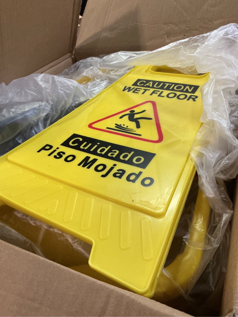 Condition photo showing As Is for 38 qt commercial bucket with side press wringer on wheels, yellow industrial set for floor cleaning, including 1 industrial mop and wet floor caution sign, beyoco yellow 38qt bucket set
