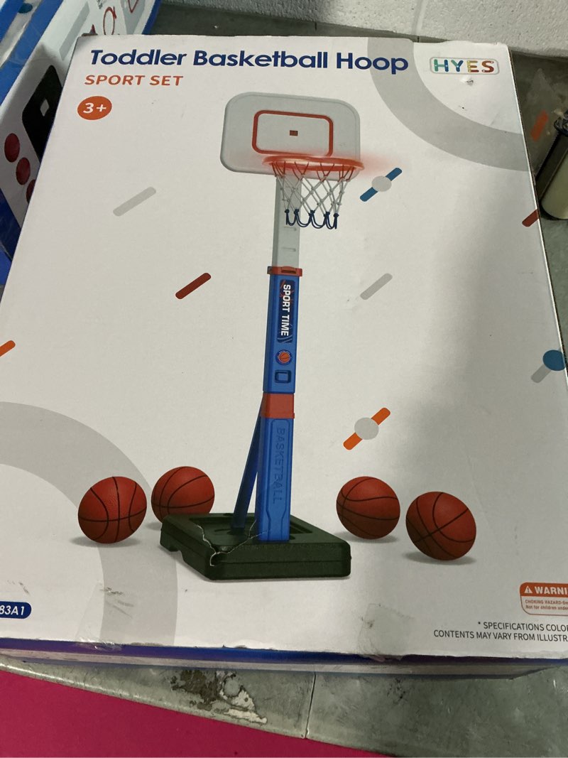 Condition photo showing New/Like New for hyes toddler basketball hoop with scoreboard/led basketball rim/4 balls, 55" height adjustable basketball hoop for kids 3-5, indoor outdoor sport toys birthday gifts for baby boys girls with scoreboard & led