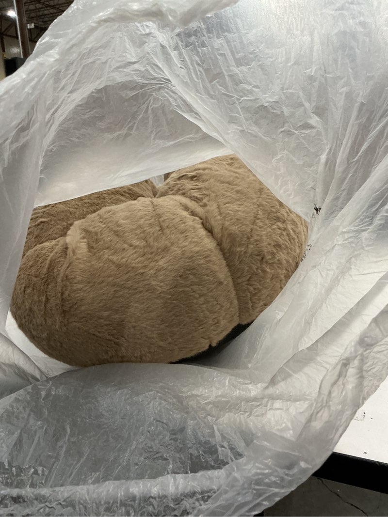 Condition photo showing As Is for ohgeni 31 inches calming donut dog & cat bed for medium pets, warming comfort fluffy short pile fur, durable waterproof machine washable removable cover, cute round bed for puppy, camel l (31"l x 31"w x 9"th) 01-camel