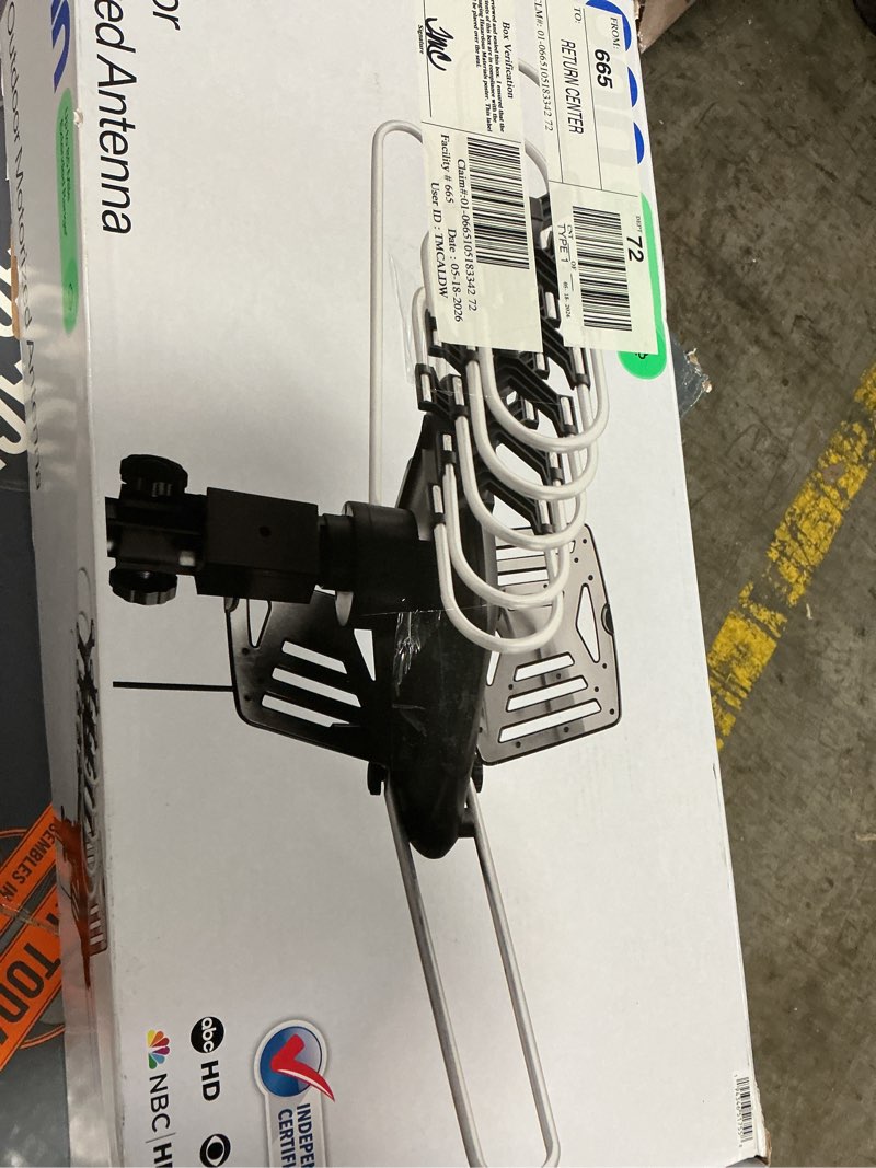 Condition photo showing As Is for onn outdoor tv antenna with mounting pole, up to 85-mile reception range (varies by location), supports ultra hd, full hd, and hd signals