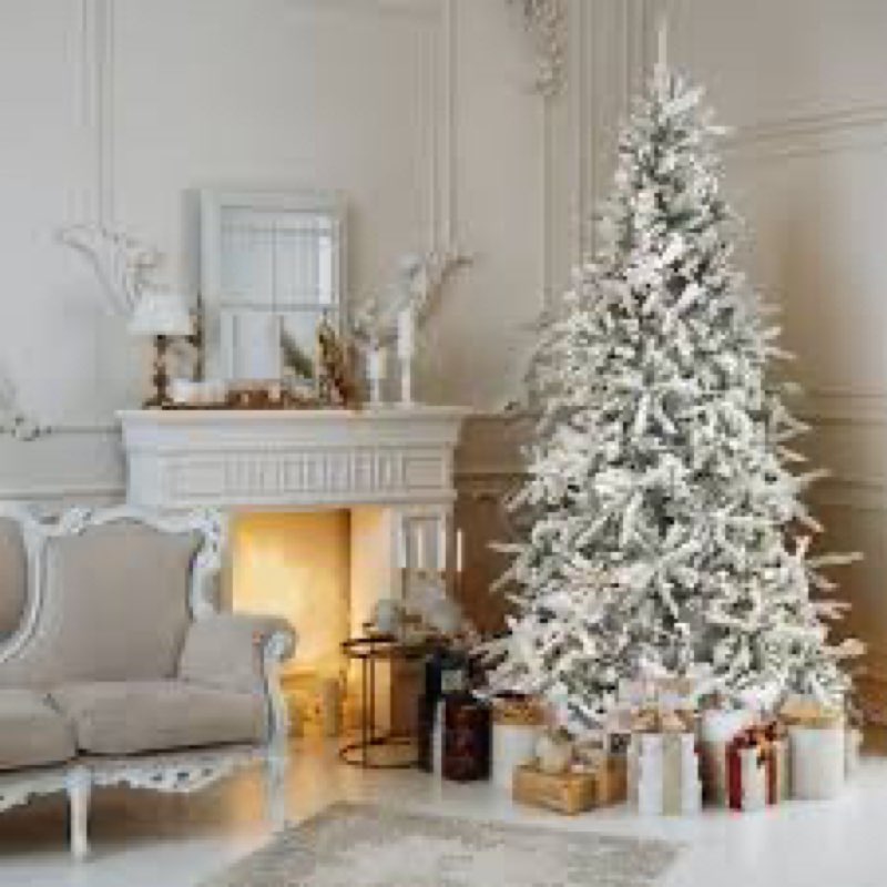 Fraser Hill Farm 10-Ft. Mountain Pine Flocked Artificial Christmas Tree with White Incandescent Smart Lights and Stand, Prelit Foldable Fake Tree with Realistic Snowy Foliage for Home Decoration