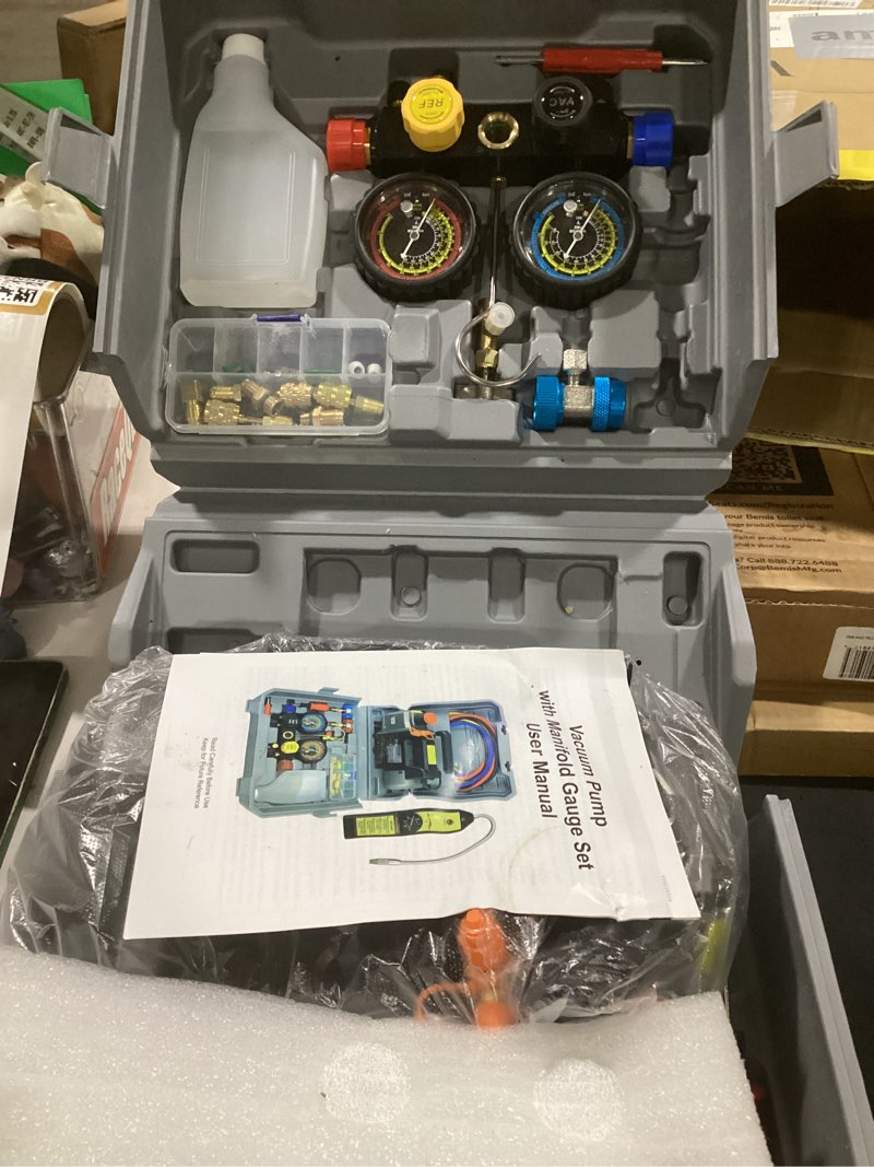 Condition photo showing New/Like New for vtg vogten 4.5 cfm ac vacuum pump and gauge set,for mini split/hvac/auto systems,manifold gauge kit fits r134a r22 r410a,with leak detector,upgraded trifold storage case,4 hoses,2 r134a can taps 4.5 cfm&4 way(r134a r22 r410a compatible)