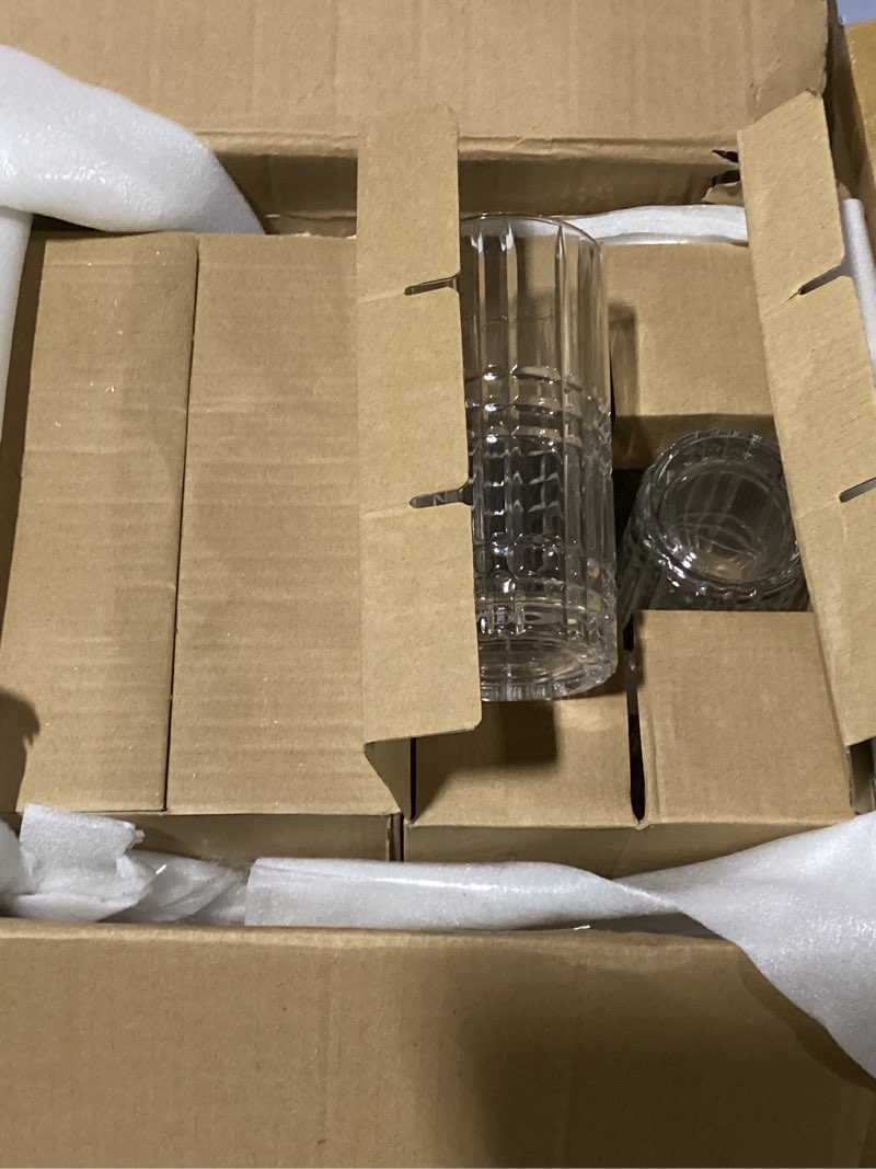 Condition photo showing As Is for uiifan set of 12 tall highball glasses 12 oz crystal drinking glasses clear fancy cups vintage textured designer glassware for cocktail tea water beer soda beverages, dishwasher safe (modern style)