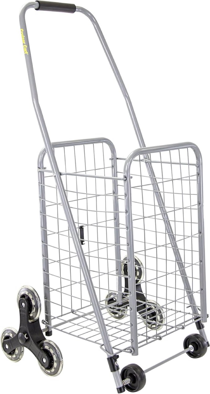 Stair Climber Cruiser Cart Sport Shopping Grocery Rolling Folding Laundry Basket on Wheels Foldable Utility Trolley Compact Lightweight Collapsible, Silver