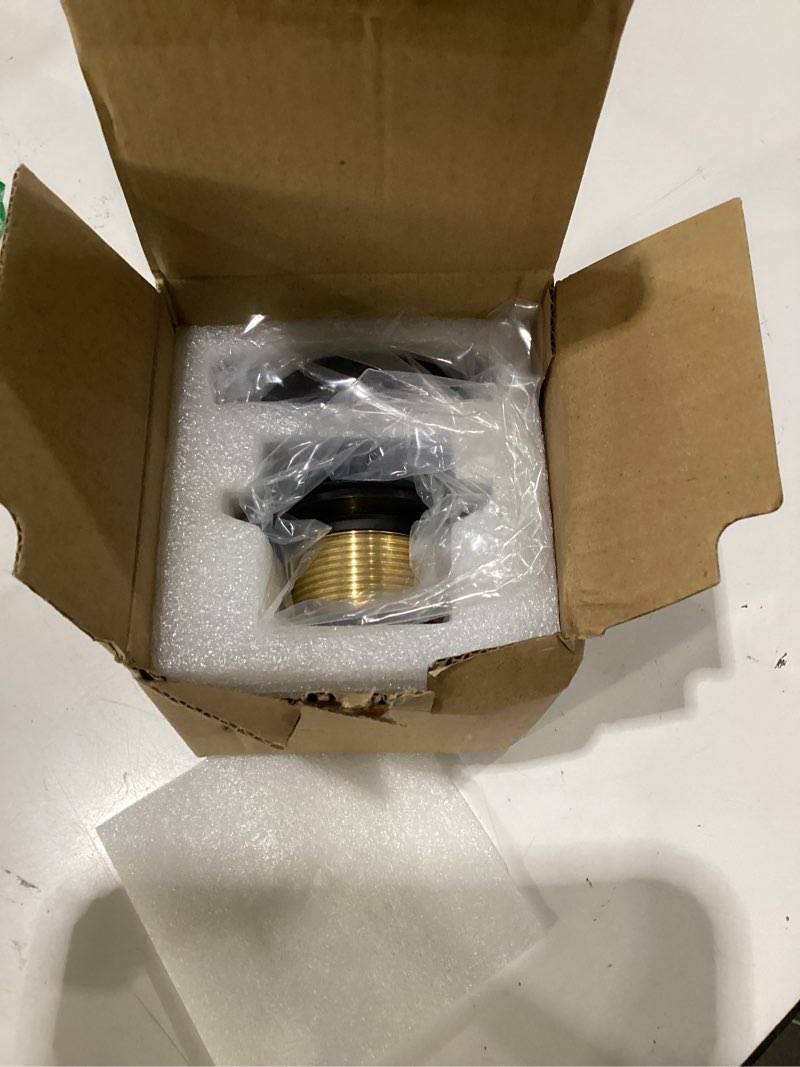 Condition photo showing As Is for matte black tub drain and overflow kit with single hole overflow faceplate, welsan universal all metal lift & turn black bathtub drain kit with fine/coarse thread conversion twist trim kit assembly