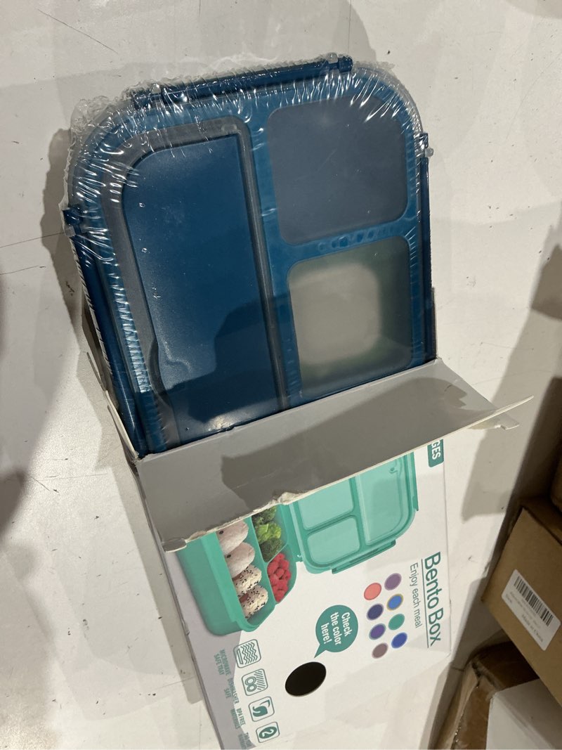 Condition photo showing New/Like New for shell and turtle bento box adult lunch box, kids lunch containers for school with 4 compartments, with utensils, sauce jar, muffin liners, microwave safe, navy navy 1200ml