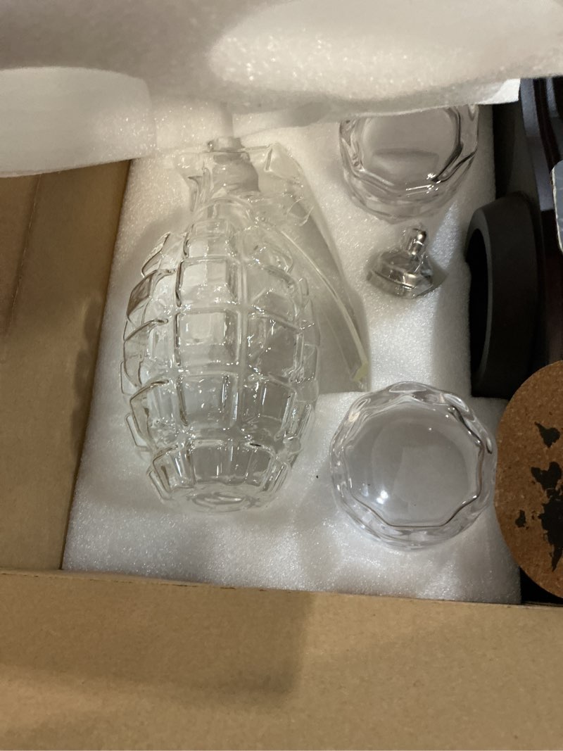 Condition photo showing Good Condition for whiskey decanter set grenade shaped liquor decanter set with 2 glasses - scotch bourbon drinking gift for men&women dad husband boyfriend brother anniversary birthday christmas house warming present