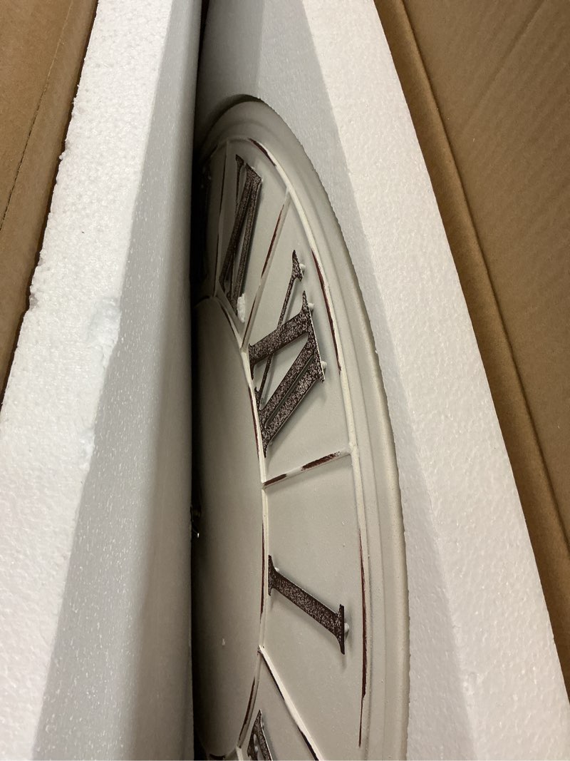 Condition photo showing Good Condition for Oversized Farmhouse Wall Clock - 30 inch, Extra Large Decorative Wall Clock for Living Room Decor | Metal Face | Roman Numeral | Battery Operated Ivory White 30 in