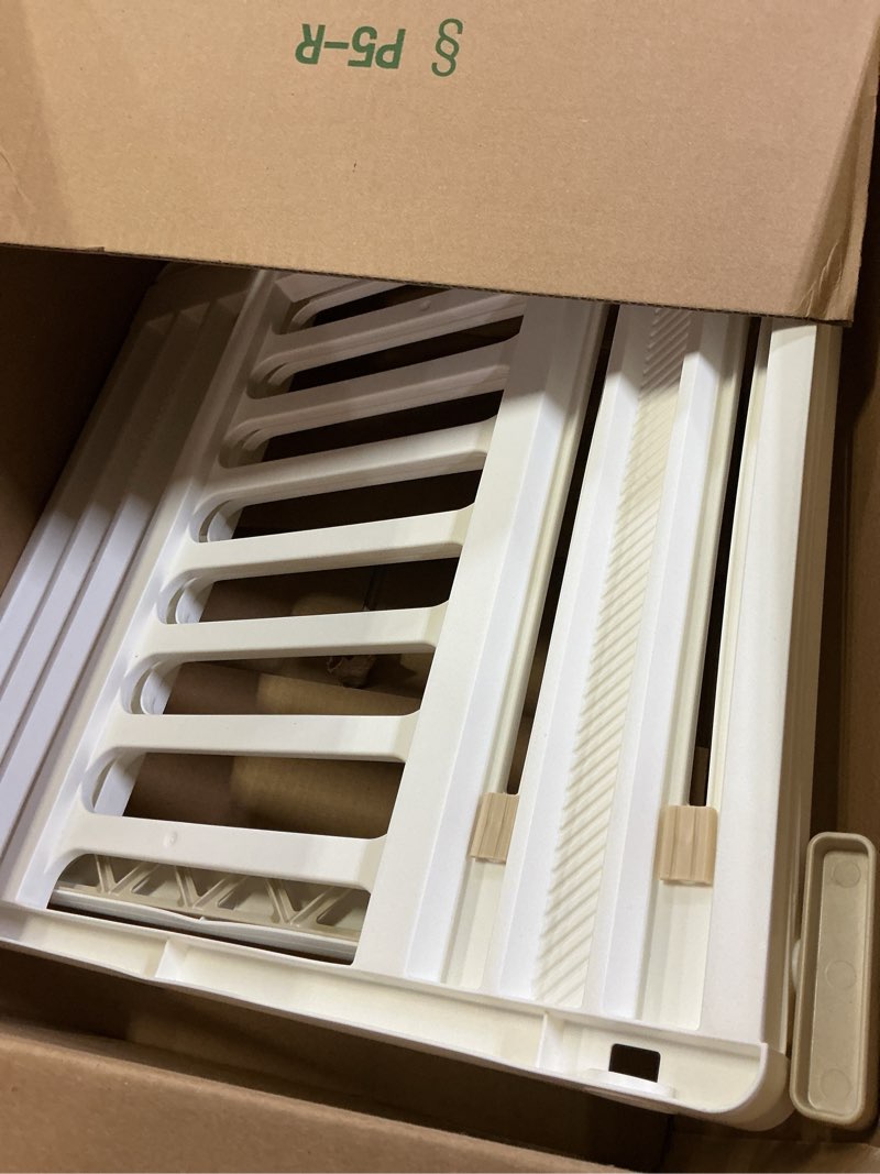 Condition photo showing As Is for IRIS USA 24"-39" Dog Gate, Adjustable Indoor Pet Barrier, Pet Gate for Puppy, Small Dog, Cat, Easy Twist-to-Lock for Doorways & Stairs, Portable, Expandable, 25" Tall, White White 1 Pack