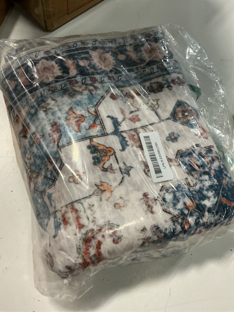 Condition photo showing Good Condition for tangsoo 2x6 washable runner rug for hallways, non slip vintage rugs, soft low pile, print distressed blue/orange carpet runners for kitchen bedroom entryway bathroom living room 2' x 6' (runner) blue/orange