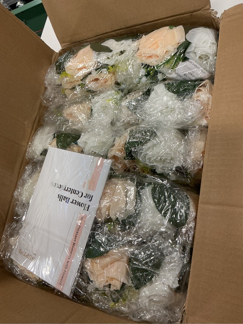 Condition photo showing Good Condition for Pcs of 10 Fake Flower Ball Arrangement Bouquet,15 Heads Plastic Roses with Base, Suitable for Our Store's Wedding Centerpiece Flower Rack for Parties Valentine's Day Home Décor (Champagne & White) 10 Pcs Peachy Champagne & White