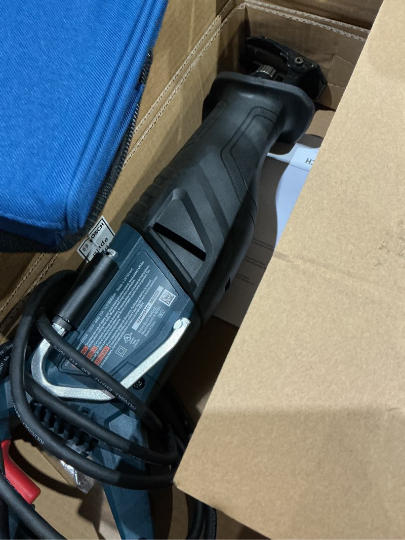 Condition photo showing As Is for bosch 12 -amp variable speed reciprocating saw ( charger not included )