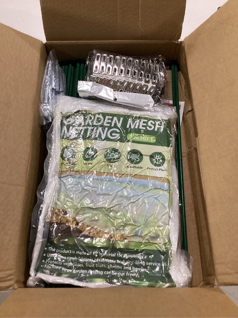 Condition photo showing New/Like New for garden netting kit for raised beds, 10x30ft ultra fine mesh netting? 6 sets of 8ft fiberglass garden hoops, row cover insect netting for vegetable plant fruit flowers protection white 10x30ft