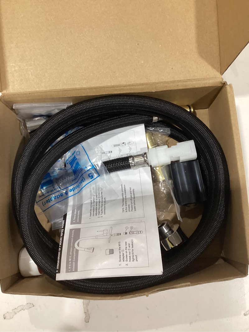 Condition photo showing New/Like New for k-1219935-bc hose kit compatible with kohler pull down kitchen faucet with docknetik magnetic docking system, 68 inches kitchen faucet hose replacemnet part of k-1304674-bc, chrome nut faucet hose+4 adapters