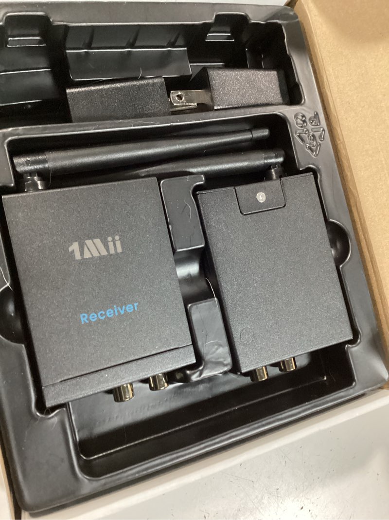 Condition photo showing New/Like New for 1mii 2.4ghz (1 tx + 1 rx) wireless audio transmitter receiver for tv, 320ft long range 20ms low delay hifi audio, wireless adapter kit for powered speaker/stereo/soundbar, rca(3.5mm aux) out/input 2 in 1