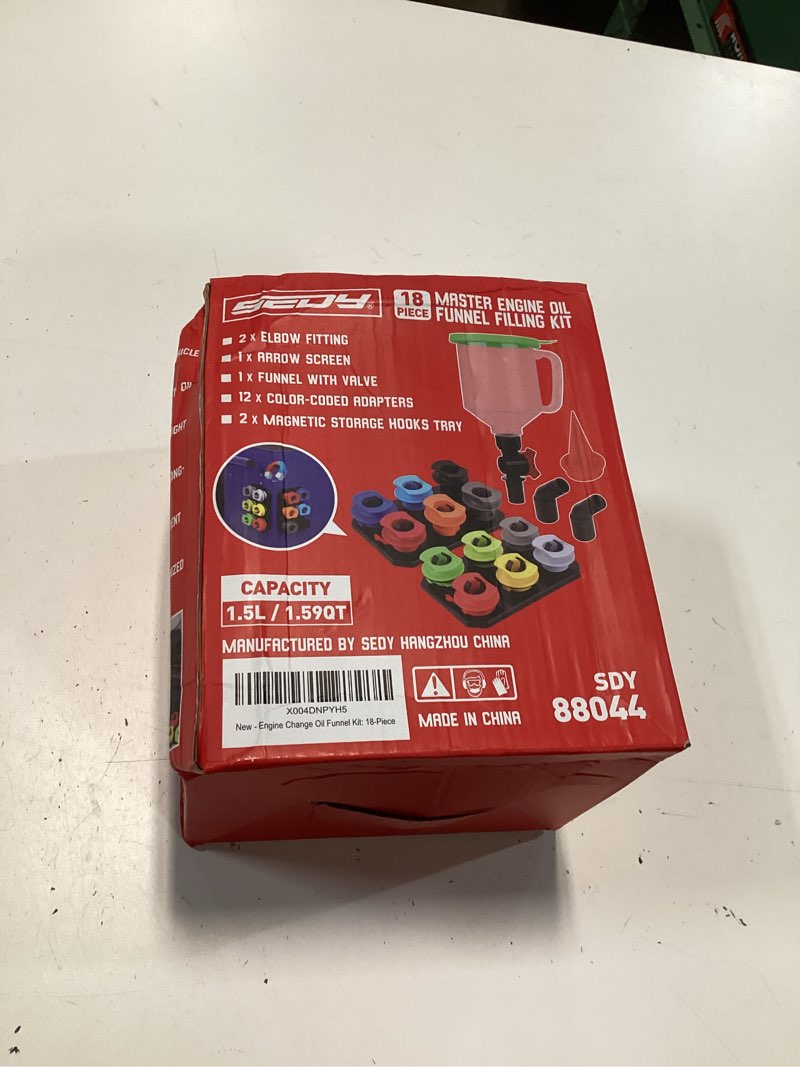 Condition photo showing New/Like New for 18-piece engine oil funnel kit, 1.59qt/1.5l automotive oil funnel set with 12 adapters, elbow fitting, arrow screen and magnetic storage hooks tray, compatible with gm, ford, bmw, audi, land rover etc 18 pcs - elite oil kit with magnetic tray