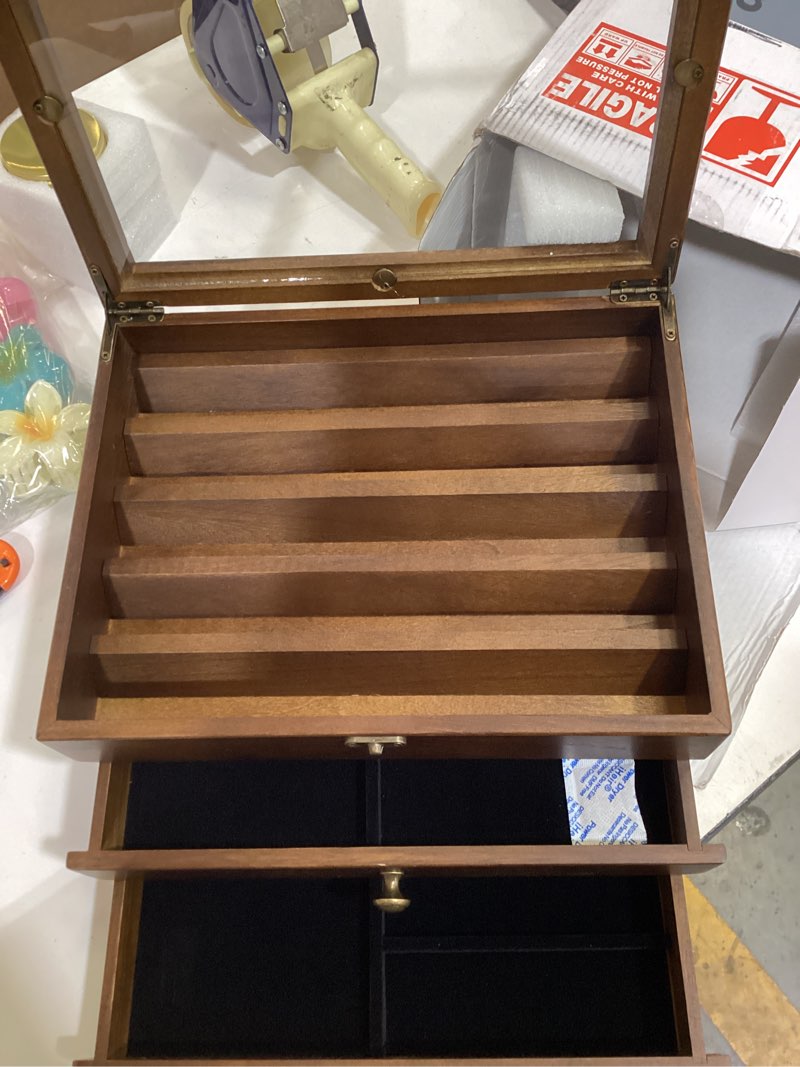 Condition photo showing Good Condition for knife display case, knife collection display holder with glass lid, 3-layer wooden pocket knife case with drawers 3 tier walnut