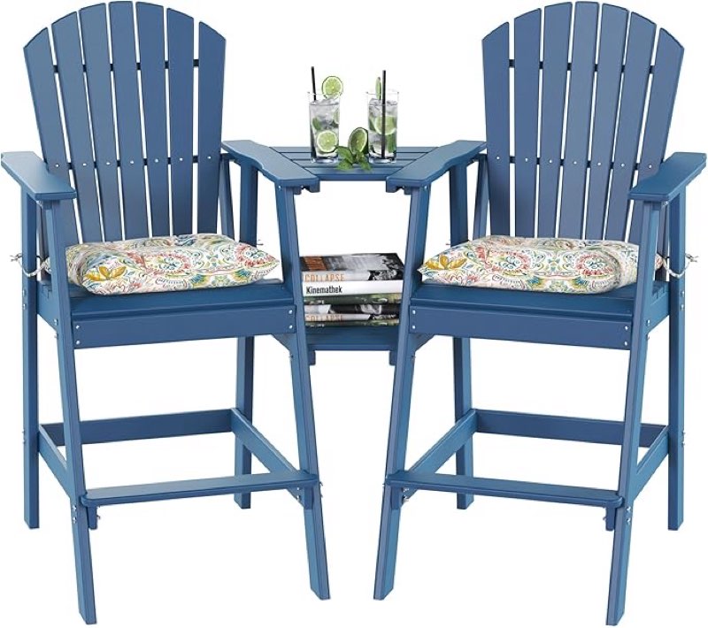 (2 chair only)  Sundale Outdoor Tall Adirondack Bar Set, Patio Umbrella Table and Bar Chairs Set of 2, 3 Pieces Counter Height Dining Bistro Set, Pub Table with HDPE Stools, 2 Umbrella Hole Caps, Navy Blue