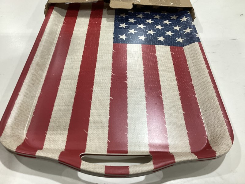 Condition photo showing Good Condition for kingen 2-pack patriotic bamboo fiber serving trays - 18×13-inch extra large w/handles tray, stars & stripes platters for 4th of july, christmas, birthday, bbq, party - red, white & blue decor 4th of july red white blue star 18inch