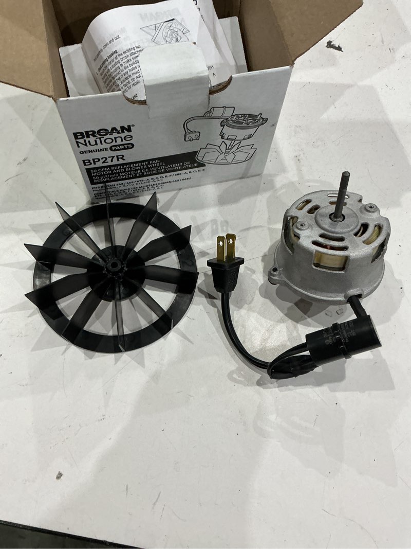 Condition photo showing As Is for broan-nutone 50 cfm fan motor & blower wheel