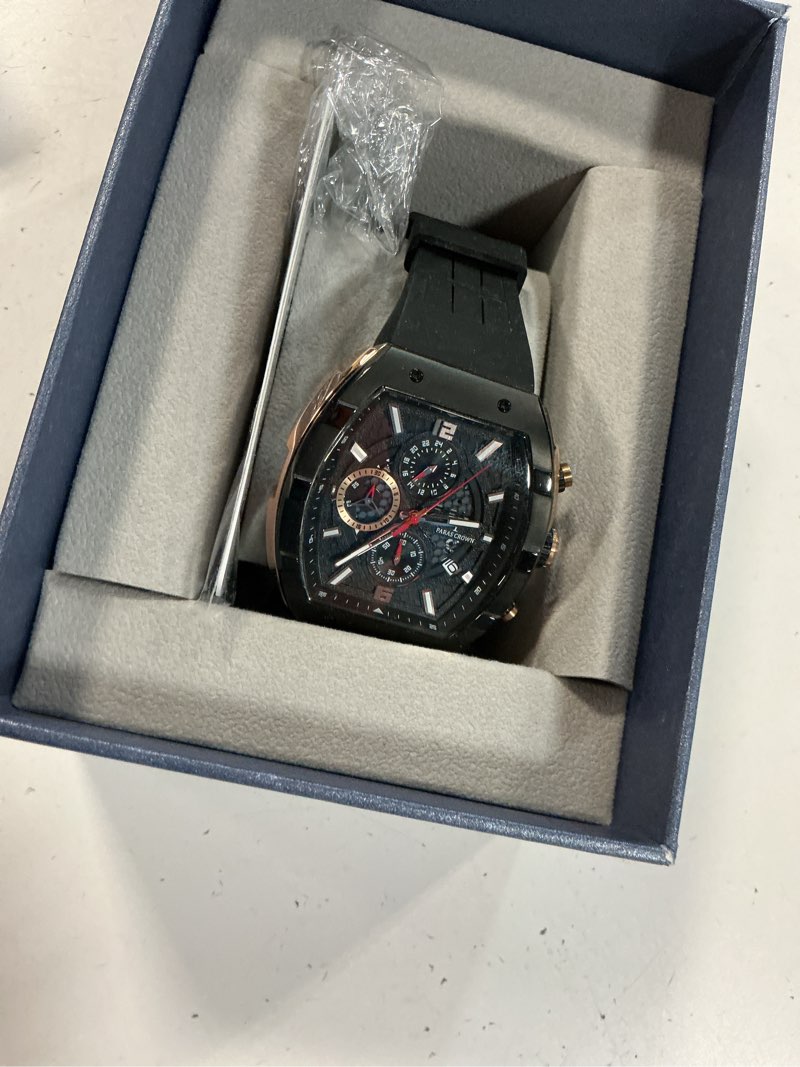 Condition photo showing Good Condition for paras crown watches for men luxury fashion analog 50m waterproof sports watch with tonneau dial luminous quartz business wrist watch black