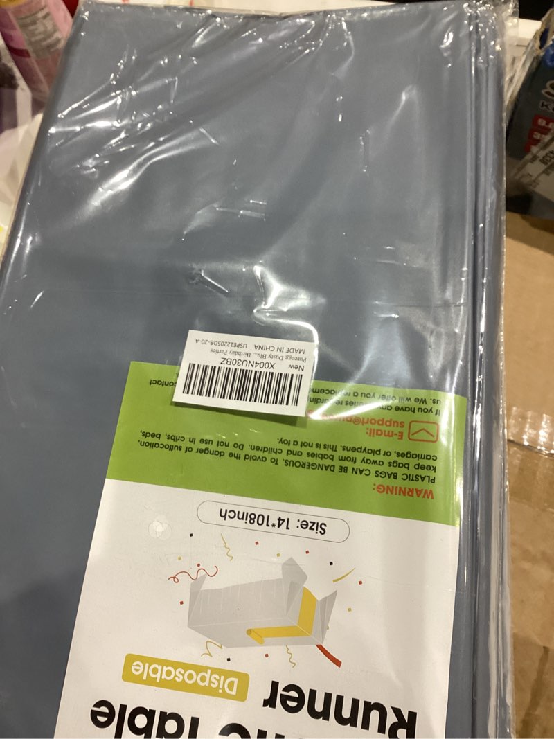 Condition photo showing Good Condition for Pureegg Dusty Blue Plastic Table Runners - 20 Pack, 14'' x 108'', Water Resistant & Disposable Centerpiece Decorations for Table Cloth, Wedding, Birthday, Holiday, Baby Shower, Party, Home Decor Dusty Blue 20 Pack – 14" x 108"