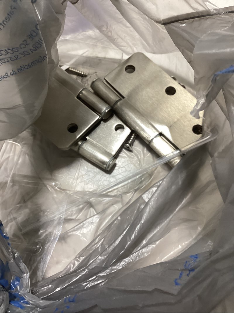 Condition photo showing As Is for hillman squeak-proof 3-1/2-in h square satin nickel mortise interior door hinge 3 -pack