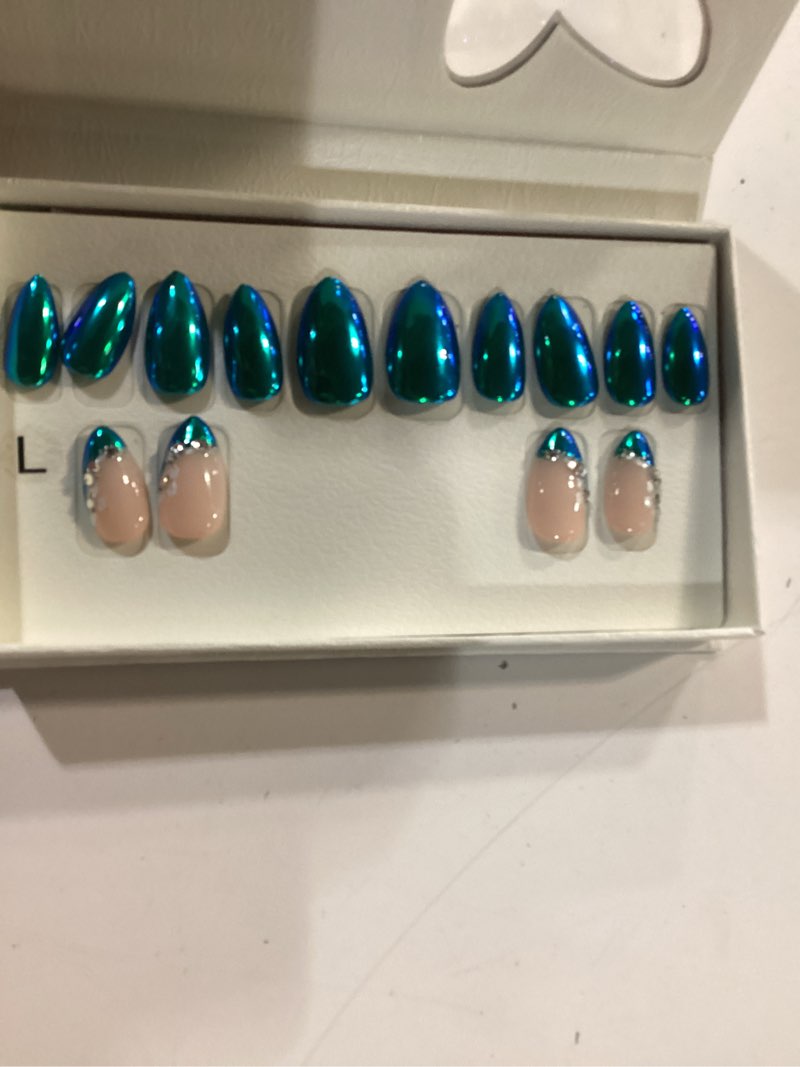 Condition photo showing New/Like New for press on nails short almond - blue cat eye chrome nails kit, reusable fake nails with nail glue, protector cuticle oil, adhesive tabs & mini nail file - 32 pcs in 16 sizes (tear of the sea)