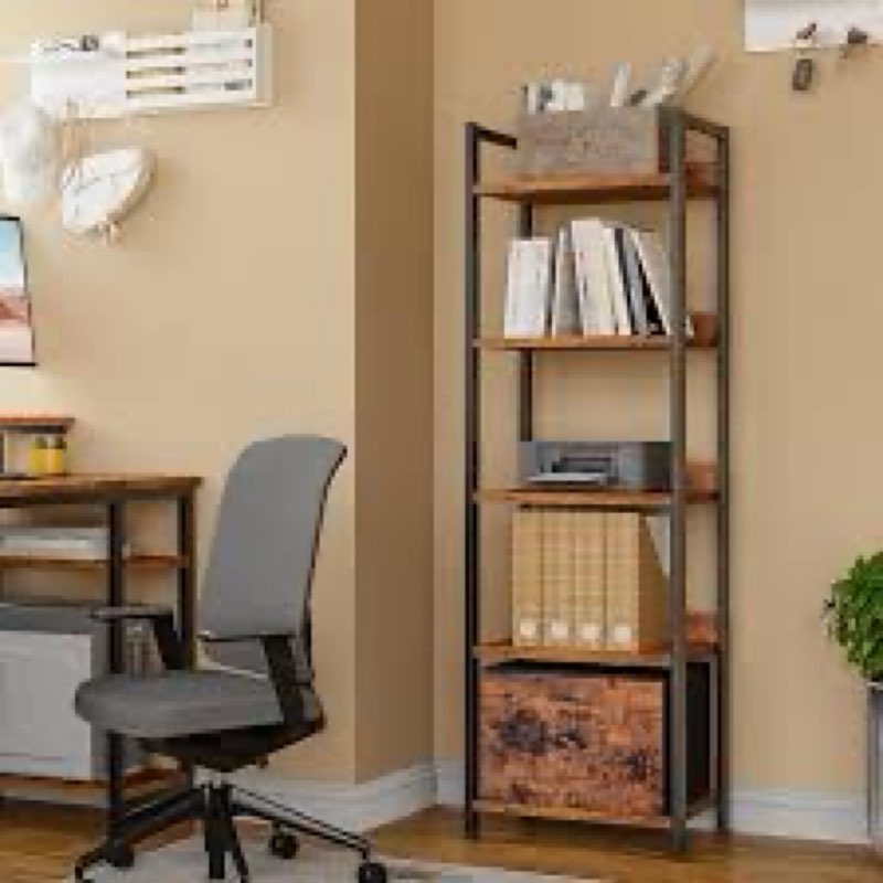 Furologee 5 Tier Bookshelf with Drawer, Tall Narrow Bookcase with Shelves, Wood and Metal Bookshelve