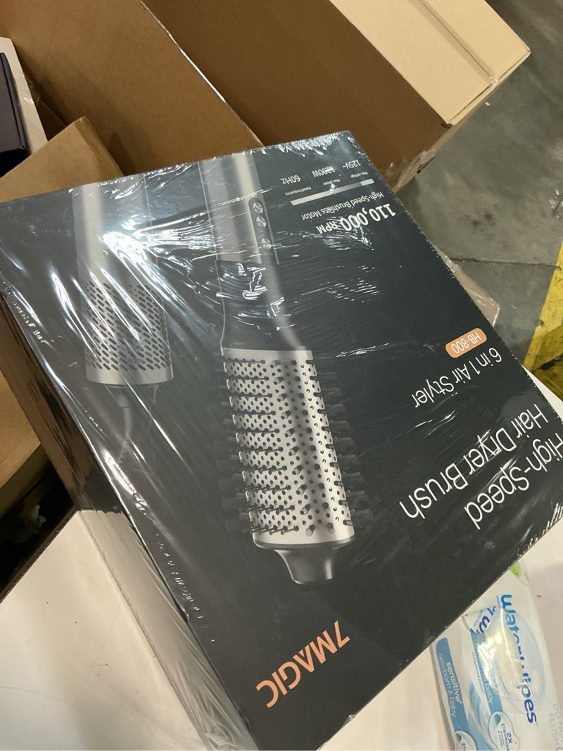 Condition photo showing New/Like New for 7magic hair dryer brush & 6 in 1 hair styler, silver, 110 volts, 1200 watts, ionic technology, fast drying, multi styler for straight, wavy, curly, and coily hair