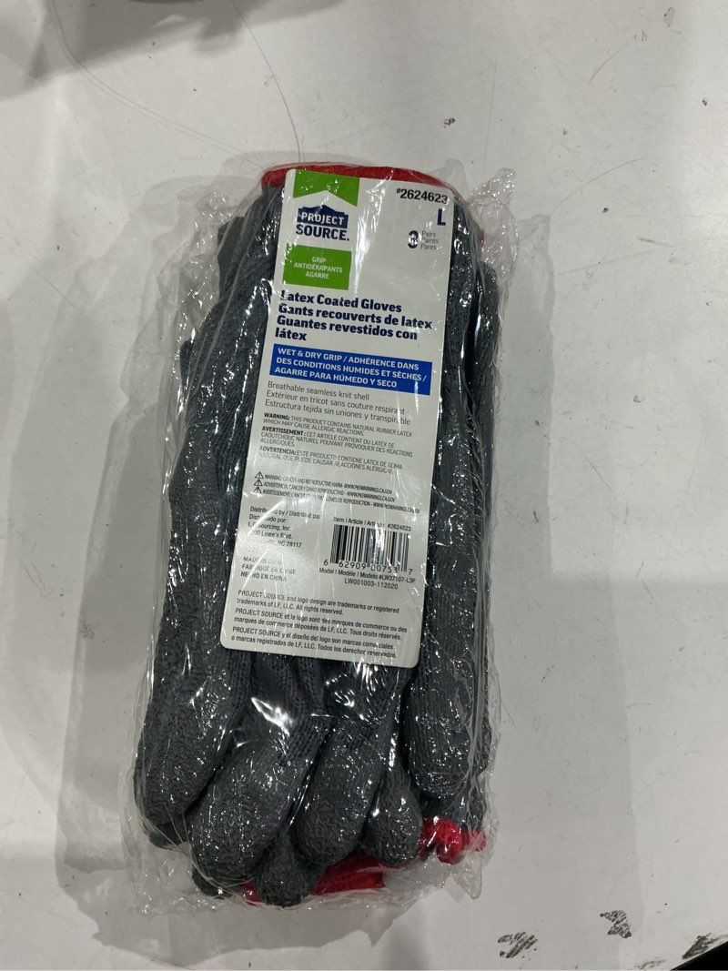 Condition photo showing New/Like New for project source large gray latex dipped polyester gloves, (3-pairs)