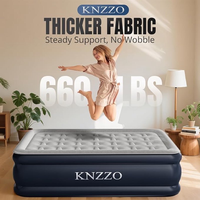 knzzo full air mattress with built-in pump, 18" top inflatable mattress with waterproof flocking fabric, three-minute quick-inflatable bed. portable blow up mattress for home, outdoor and guests