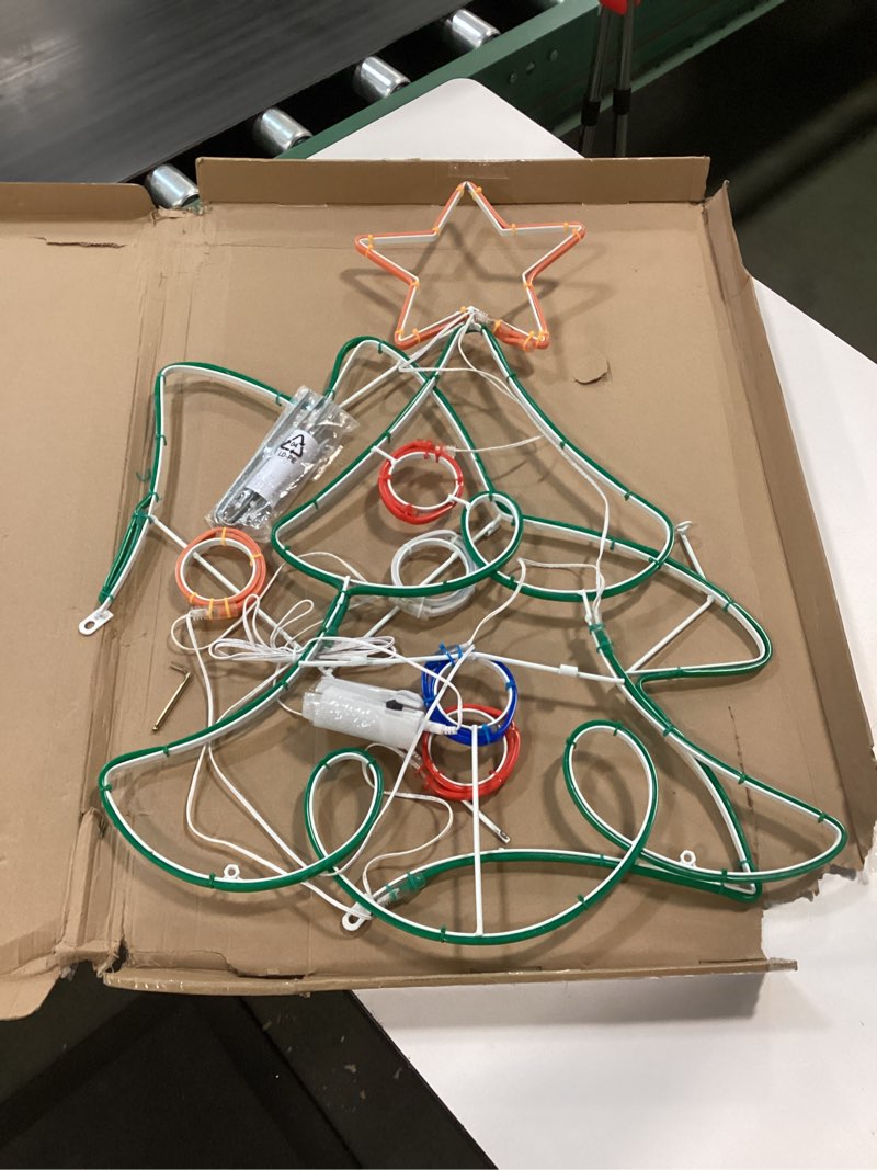 Condition photo showing As Is for 28" LED Lighted Christmas Tree with Ornaments Window Silhouette